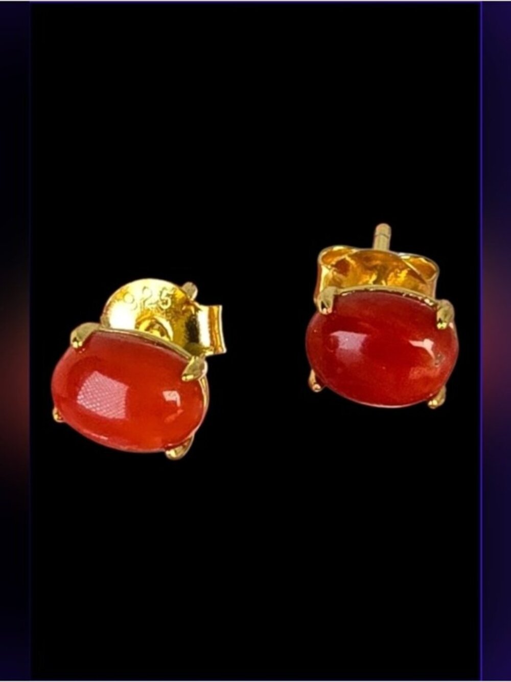 925 Sterling Silver Stud 14K Yellow Gold Plated with Natural Red Coral 5x6mm